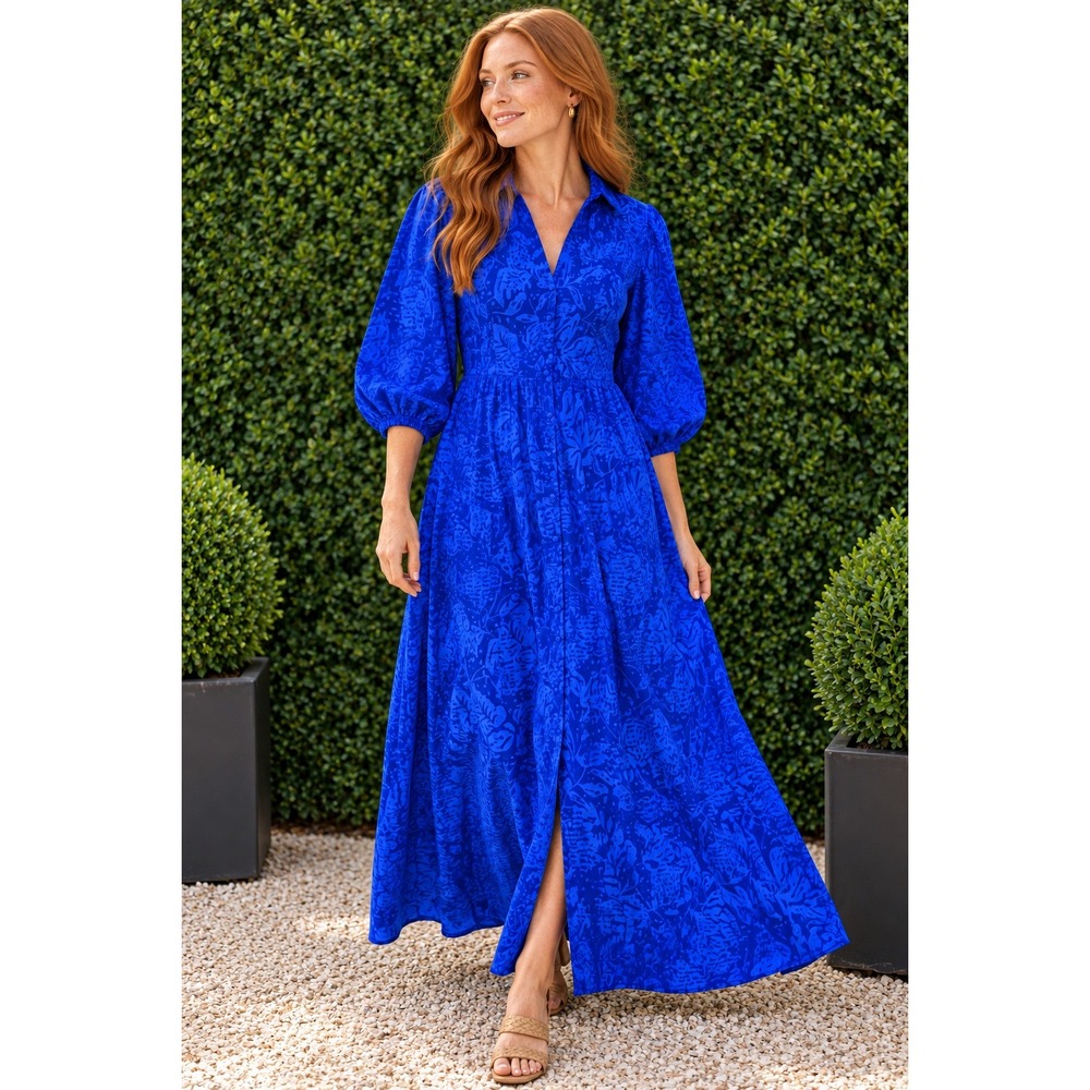 Hyacinth House Royal Blue Floral Jacquard Puff Sleeve Button Front Maxi Dress S